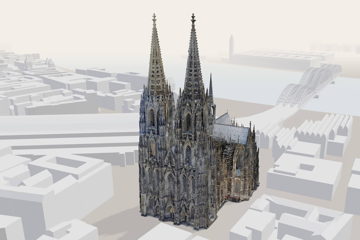 Interactive 3D model of Cologne Cathedral seen from a bird’s-eye perspective, embedded in an abstracted city model of Cologne