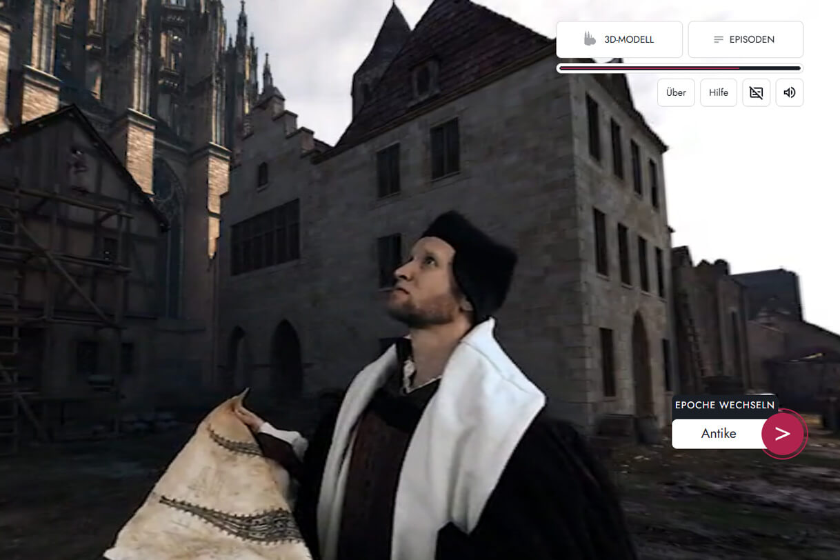 Scene from the virtual 360° journey through time: a medieval master builder in front of the unfinished cathedral, next to the period selector