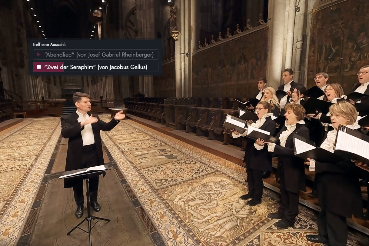 Virtual private concert inside the cathedral at night: the Cologne Cathedral vocal ensemble in a 360° scene with a piece selection