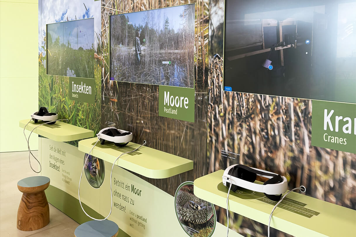 Ausstellungswand der KRANICHWELTEN mit den drei Modulen Insekten, Moore und Kraniche, jeweils mit Touchscreen und VR-Brille